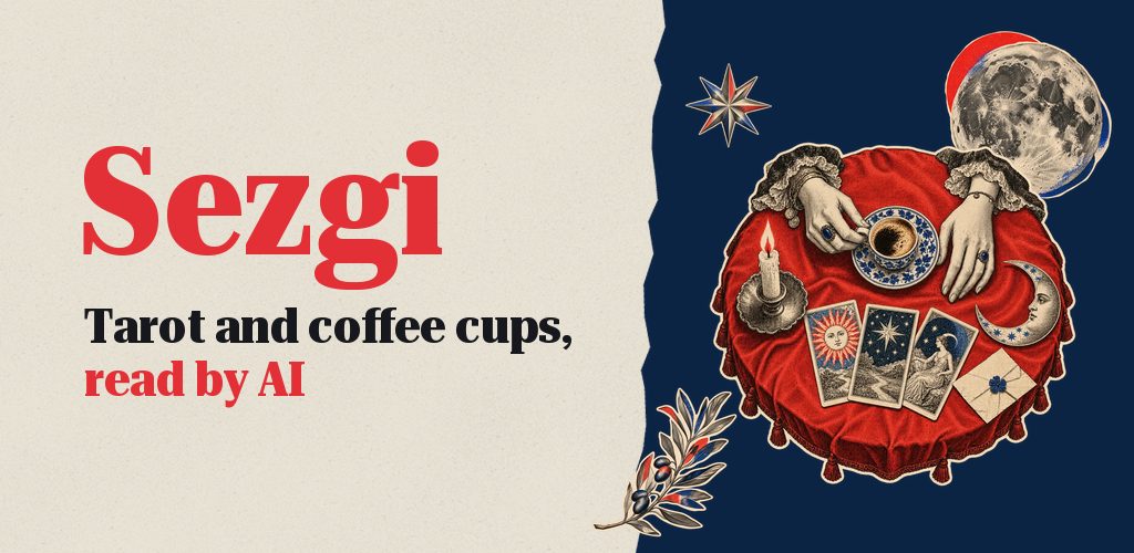 Sezgi: tarot cards, a coffee cup and a crescent moon on a red table